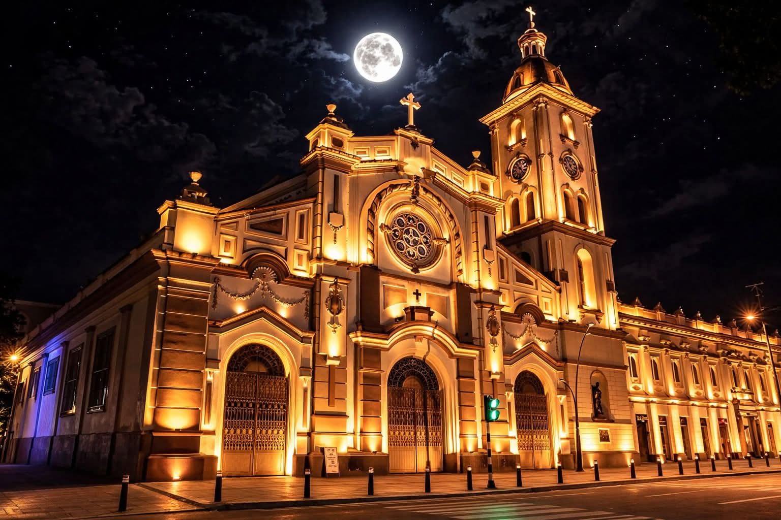Catedral de Ibagué nocturna con luna llena